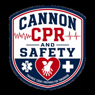 Cannon CPR and Safety logo badge with heartbeat line, heart icon, medical symbols, and trained today prepared for tomorrow motto