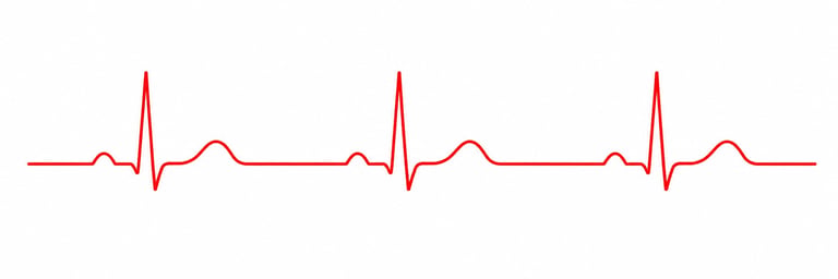 Red electrocardiogram waveform showing three heartbeat spikes on white background