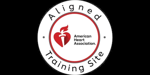 American Heart Association Aligned Training Site badge with red heart and cross logo on circular white seal