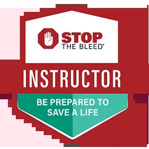 Stop the Bleed Instructor badge with red shield featuring hand icon and green banner stating Be Prepared to Save a Life