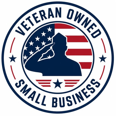 Veteran Owned Small Business circular seal with silhouette of saluting soldier and American flag background