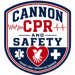 Cannon CPR and Safety logo featuring a shield with medical symbols, heartbeat line, and hands icon promoting first aid training